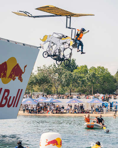 On August 14, 2022, participants launch their creative flying machine during Red Bull Flugtag in Istanbul, Turkey, thrilling the crowd with adventurous aerial stunts over the water