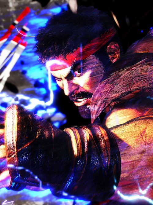 Ein Kämpfer mit rotem Stirnband, Bart und Handschuhen. Oberkörperfrei.