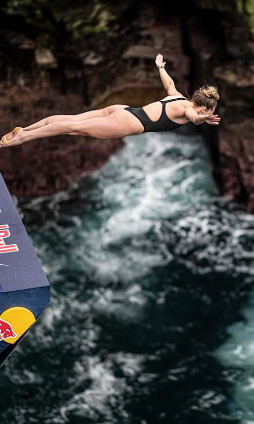 Jessica Macaulay dives at the fourth stop of the Red Bull Cliff Diving World Series in Downpatrick Head, Ireland, on September 10, 2021.