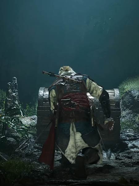 Edward Kenway ouvre un coffre au trésor dans Assassin's Creed Black Flag Resynced.