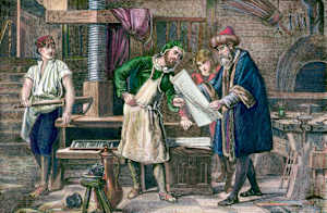 Redaktions­meeting: Gutenberg prüft in seiner Werkstatt das Druckerzeugnis.