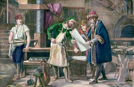 Gutenberg checking the printed material in his workshop