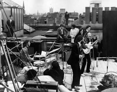 The Beatles play on a Savile Row rooftop in London.