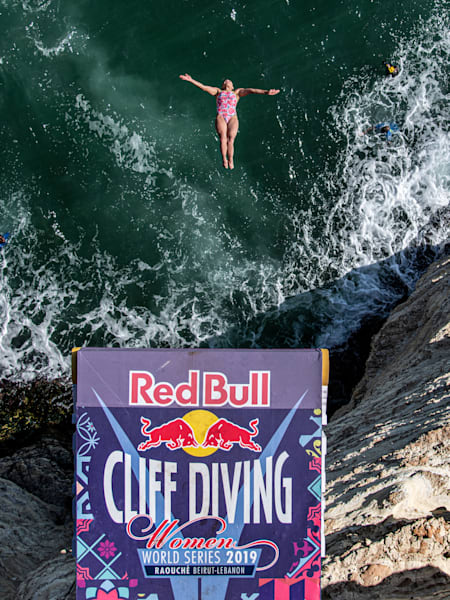 Adriana Jimenez of Mexico dives during the final competition day of the fifth stop of the Red Bull Cliff Diving World Series in Beirut, Lebanon on July 14, 2019.
