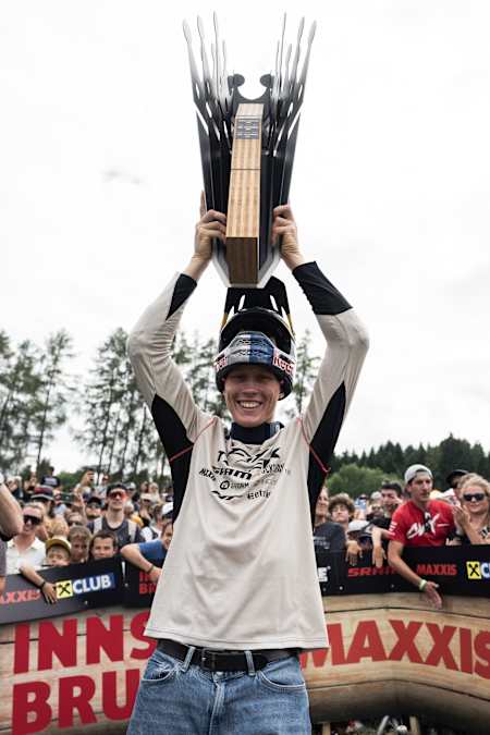Emil Johansson celebrates at Crankworx Slopestyle in Innsbruck, Austria on June 23, 2023