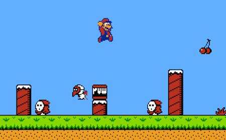 Un screenshot du jeu vidéo de plateforme de Nintendo Super Mario Bros. 2 avec Maskass.