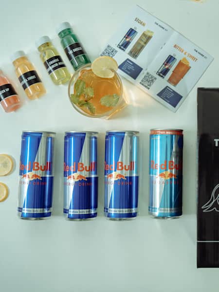 A flatlay image of the Red Bull Home Kit for making mocktails at home.