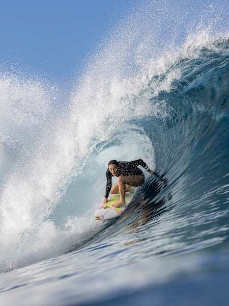 Surfer Carissa Moore, pre-Olympic athlete shoot in Teahupo’o.