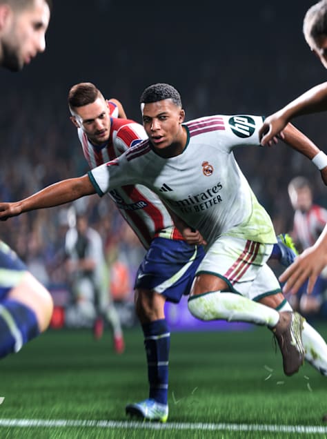 A graphic from EA Sports FC 27, showing Kylian Mbappé taking on defenders.