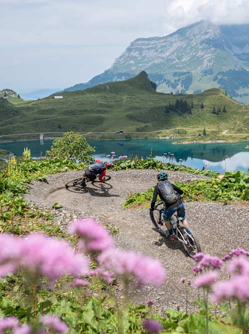 Zwei Mountainbiker auf dem Flowtrail in Engelberg.