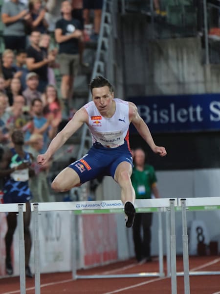 Karsten Warholm is seen setting a new 400 m hurdles World Record (46.70s) at home in Oslo, Norway at the Bislett Games on July 1, 2021.