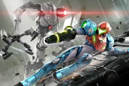 Samus se desliza para hacer frente a un EMMI en el suelo.