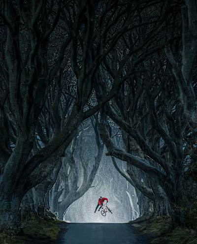 Senad Grosic performs during the Riding Thrones project at The Dark Hedges in Ballymoney, Ireland on April 29, 2018