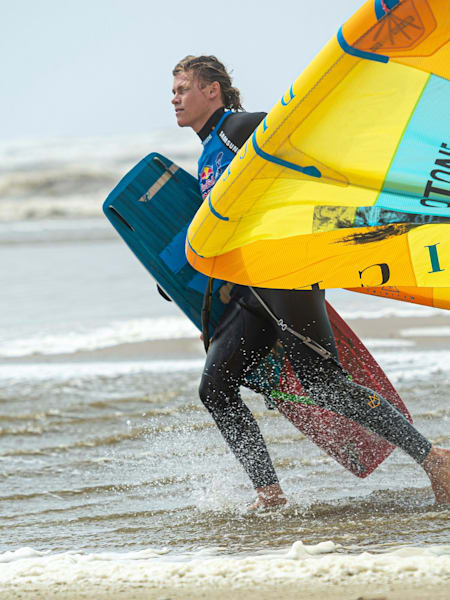 A kitesurfer battles the wind at Red Bull Megaloop in Zandvoort, The Netherlands on June 8 2019.