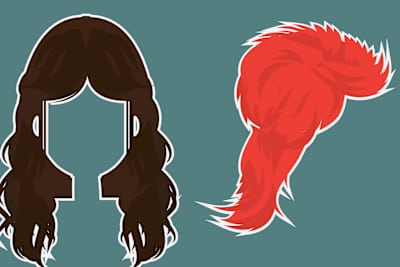 An illustration of long dark hair synonymous with heavy rock in the 70s and an illustration of David Bowie's glam Ziggy Stardust hair.