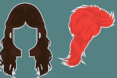 An illustration of long dark hair synonymous with heavy rock in the 70s and an illustration of David Bowie's glam Ziggy Stardust hair.