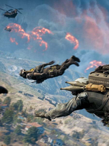 Soldiers parachute over the battlefield in Battlefield 6, ready to dive into the heart of the REDSEC Battle Royale mode.