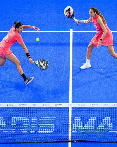 Gemma Triay Pons and Delfina Brea Senesi react during the Alpine Paris Major Premier Padel semi-final match held at the Roland Garros Stadium in Paris, France on September 13, 2025