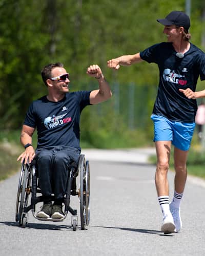 Gregor Schlierenzauer (right) and Simon Wallner perform during the Wings for Life World Run App Run 2021
