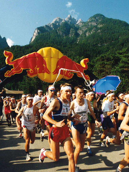 Participants are seen competing in Dolomitenmann, an endurance and adventure team based race in the Dolomites region of Italy, Sept 1997. 2017 marks the 30th edition of Dolomitenmann.