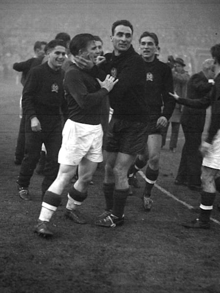 Hungarian goalkeeper Sandor Geller celebrates his nation's victory over England at Wembley on November 25, 1953.