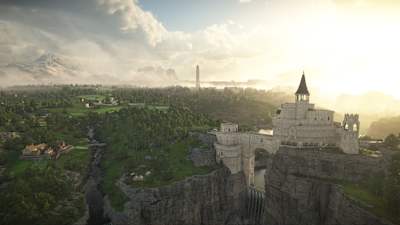 Scenic shot of Pywel in Crimson Desert, with a white castle on cliffs in the foreground and forested countryside stretching out behind.