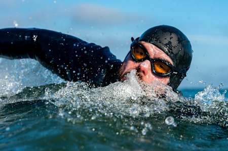 Ross Edgley swims in the Thames Estuary during his Great British Swim attempt.