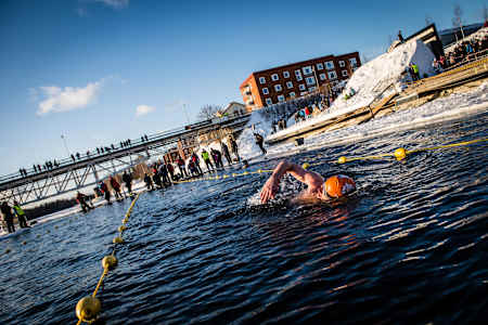 A swimmer takes to the cold water at the Swedish Winter Swimming Championships.