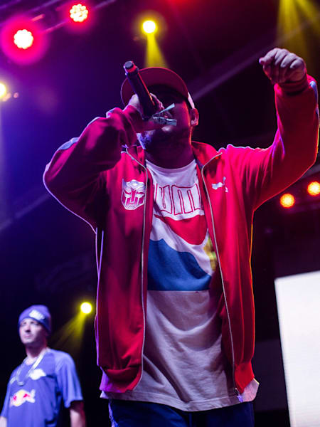 Aczino performs during Red Bull Batalla de los Gallos in Lollapalooza Chile, at Parque O'higgins, in Santiago, Chile on March 31, 2019.