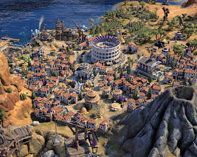 Screenshot aus Civilization 7 zeigt eine Stadt in der Antike mit einem Kolosseum am Meer und einem Vulkan im Hintergrund.