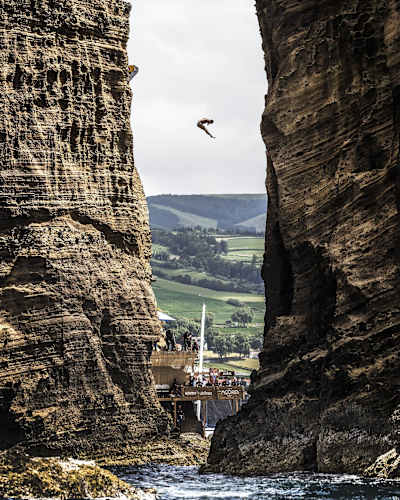 Michal Navratil dives from the 27 metre platform at Islet Franca do Campo during the second stop of the Red Bull Cliff Diving World Series at Sao Miguel, Azores, Portugal on July 9th 2017.