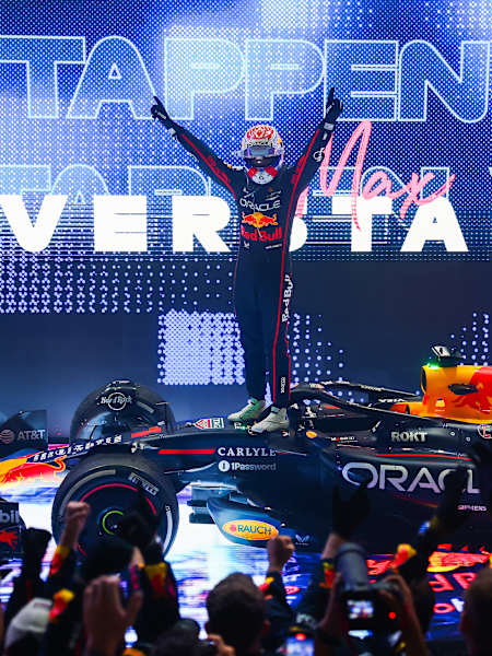 Max Verstappen celebrates on arrival in parc ferme during the F1 Grand Prix of Qatar at Lusail International Circuit on November 30, 2025 in Lusail City, Qatar. 