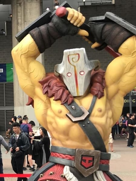 A statue of Dota 2 hero, Juggernaut, outside The International Dota 2 Championships 2018 at the Rogers Arena in Vancouver, Canada