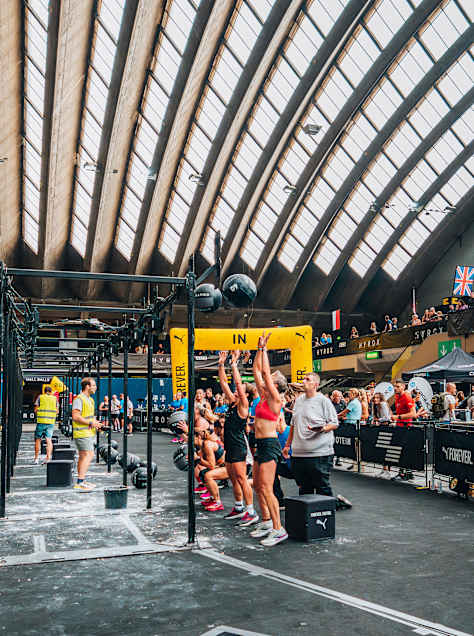 Participants perform at the Hyrox World Championship in Nice, France, on June 8, 2024.