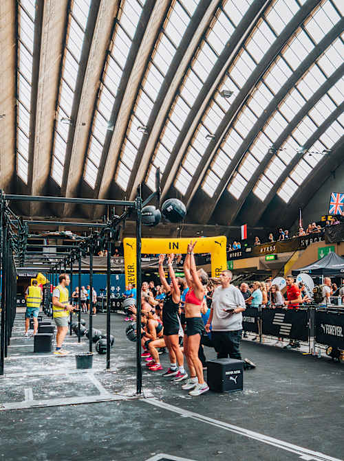 Participants perform at the Hyrox World Championship in Nice, France, on June 8, 2024.