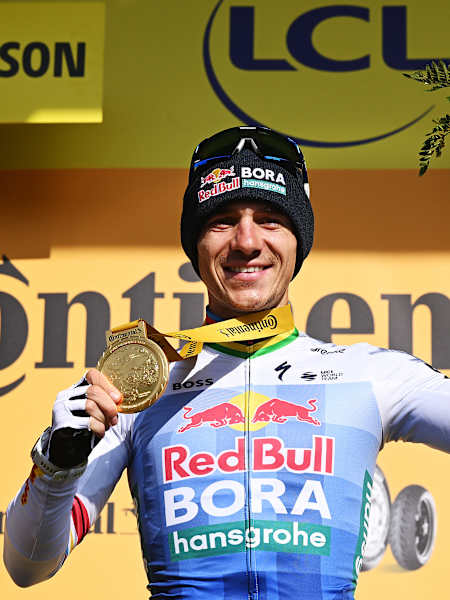 Remco Evenepoel of Team Red Bull - BORA - hansgrohe celebrates his stage victory at the Tour de France