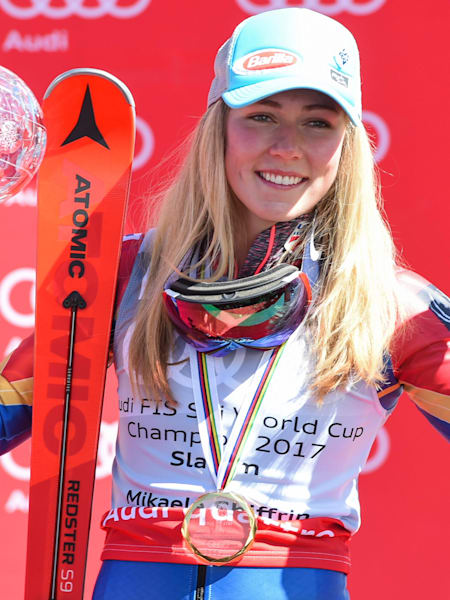 Mikaela Shiffrin celebrating her world cup win in Aspen