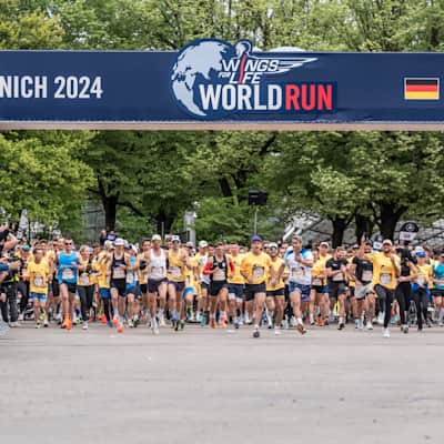 Teilnehmer:innen des Wings for Life World Run in München, Deutschland, am 5. Mai 2024.