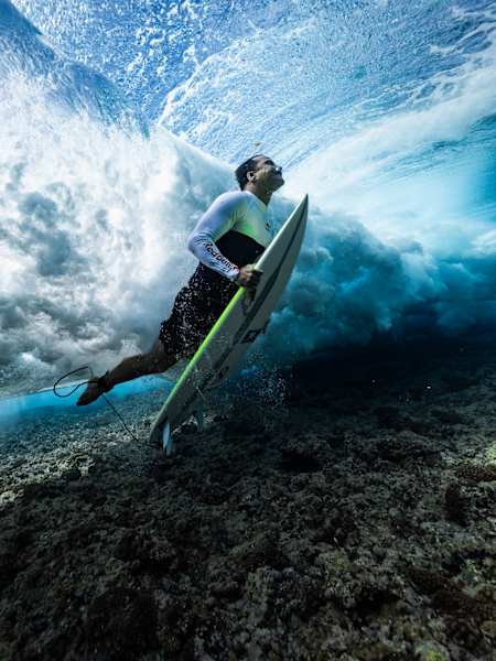 A shot from underwater at Teahupo'o during the filming of Big-Wave Surfing.