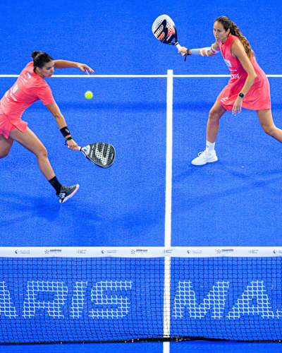 Gemma Triay Pons and Delfina Brea Senesi react during the Alpine Paris Major Premier Padel semi-final match held at the Roland Garros Stadium in Paris, France on September 13, 2025