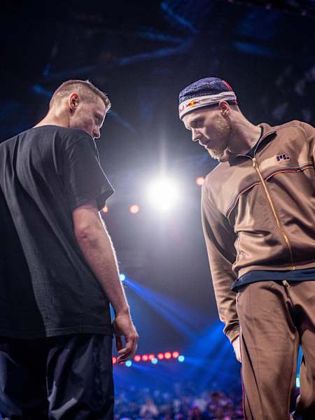 Killa Kolya (L) of Kazakhstan competes against Menno (R) of the Netherlands during the Red Bull BC One World Final at the National Sports Club of India (NSCI) in Mumbai, India on November 9, 2019.