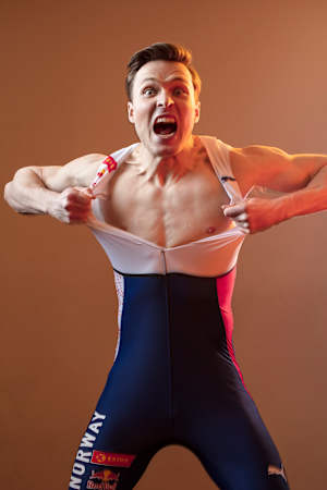 Karsten Warholm re-enacts his shirt-wrecking celebration from the Tokyo Games.