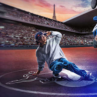 Arte de dois dançarinos no Stade Roland-Garros, em Paris, sede da Final Mundial do Red Bull BC One 2023.