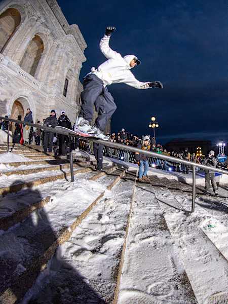 Rob Roethler rides a rail at Red Bull Heavy Metal held in Saint Paul, Minnesota, during the winter of 2025