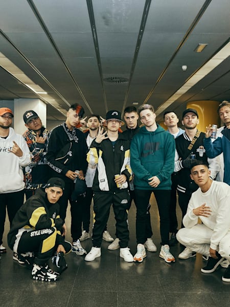 Participants pose for a portrait during the International Final of the Red Bull Batalla de los Gallos in Madrid, Spain on November 30 2019.
