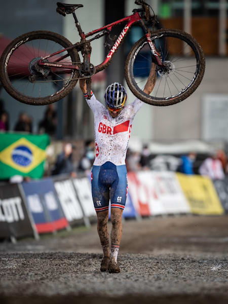 Great Britain's Tom Pidcock celebrates after winning the Men's U23 gold medal at the 2020 UCI Mountain Bike World Championhips in Leogang, Austria in October 9, 2020.