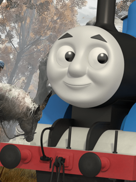 Ein Elden Ring-Charakter reitet auf Thomas, die kleine Lokomotive zu