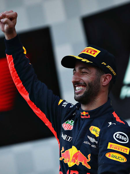 Daniel Ricciardo of Red Bull Racing celebrates his win at the 2017 Azerbaijan Grand Prix.