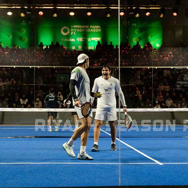 Pablo Cardona competes in the intense semi-finals at Riyadh Premier Padel P1 2025 in Saudi Arabia, with a vibrant crowd energising the action