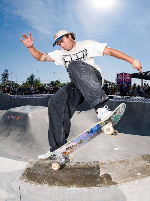 Alex Sorgente performs a nosegrind at Red Bull Drop In Tour in Santiago, Chile.